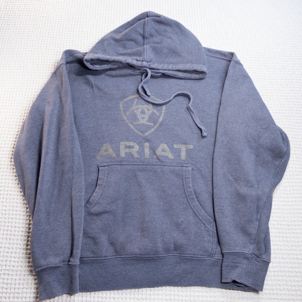 Ariat Mens Blue Gray Graphic Logo Fleece Hoodie Sweatshirt Small